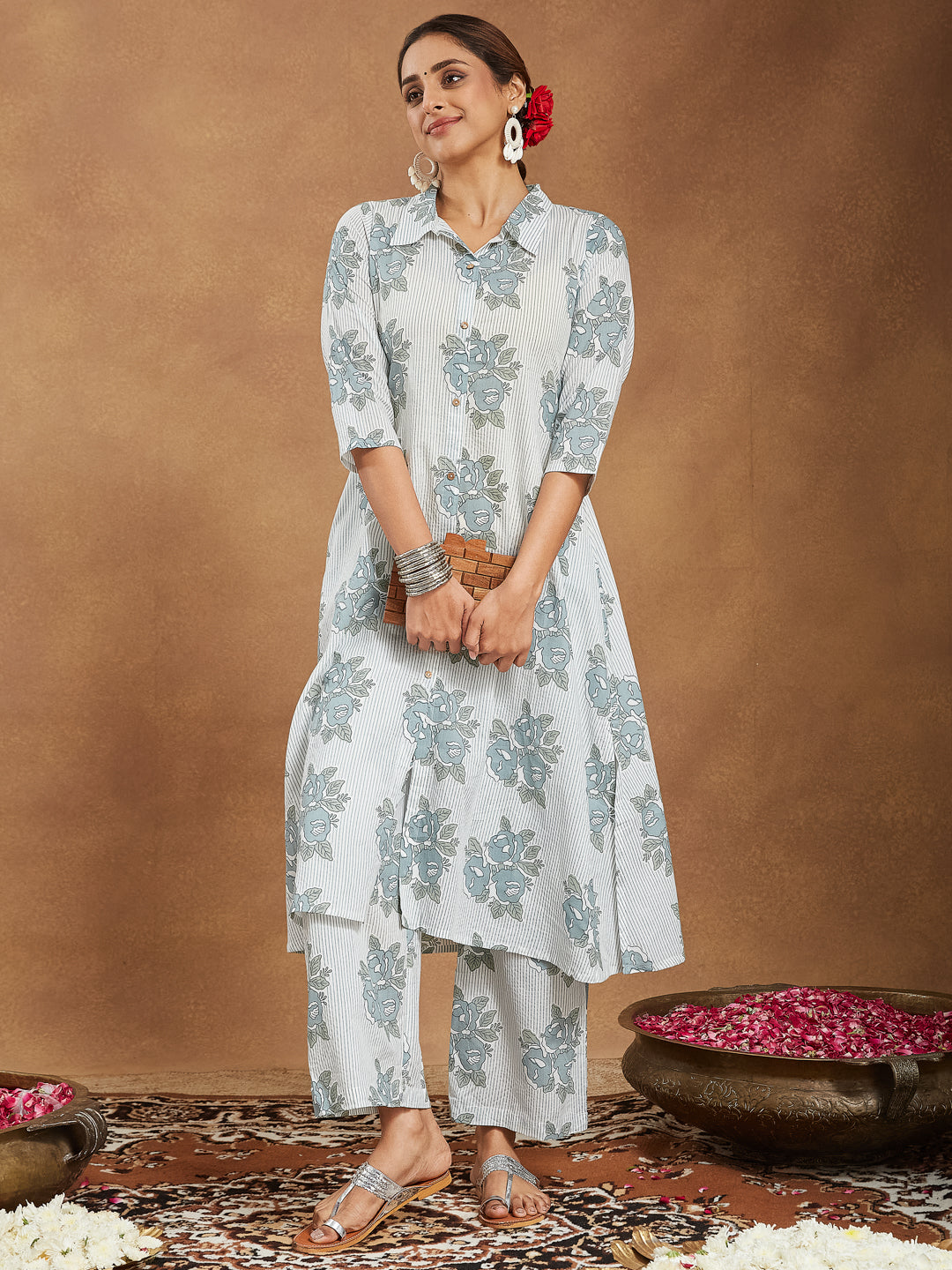 Naari By Shree Women's White Pure Cotton Floral Printed A-line Shirt Style Kurta With Pant Set