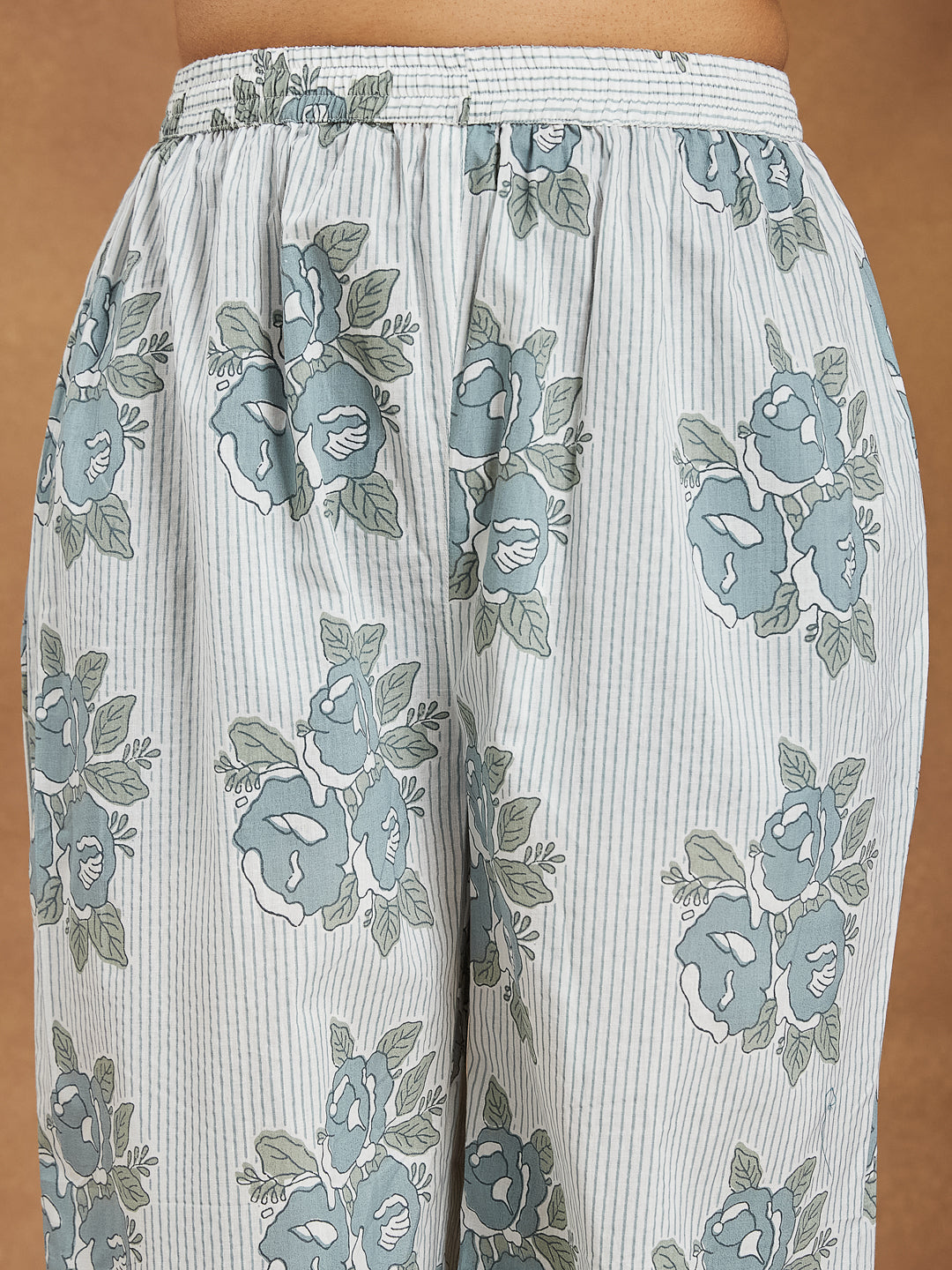 Naari By Shree Women's White Pure Cotton Floral Printed A-line Shirt Style Kurta With Pant Set