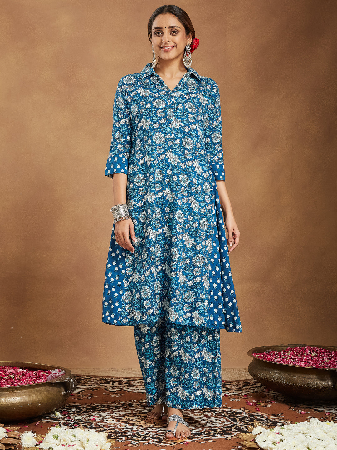 Naari By Shree Women's Blue Pure Cotton Floral Printed A-line Kurta Set