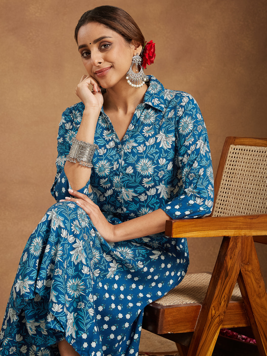 Naari By Shree Women's Blue Pure Cotton Floral Printed A-line Kurta Set