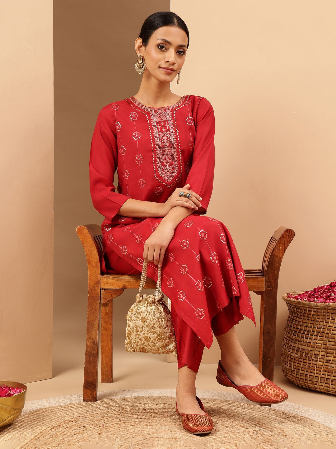 Naari By Shree Women's Red Chanderi Silk Embellished Straight Kurta Pant Set
