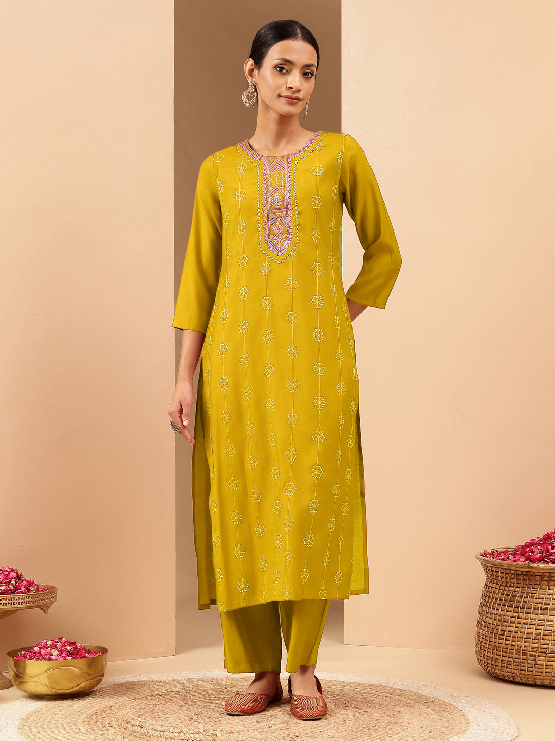Naari By Shree Women's Mustard Chanderi Silk Embellished Straight Kurta Pant Set