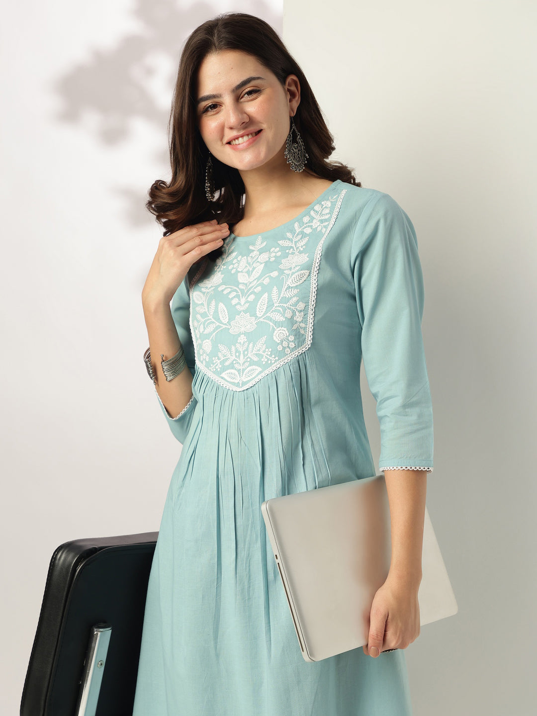 Naari By Shree Women's Light Blue Pure Cotton Yoke Embroidered A-line Kurta