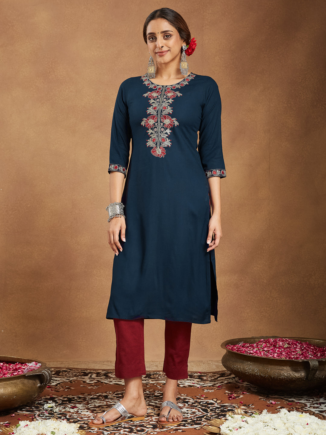 Naari By Shree Women's Navy Blue Rayon Embroidered Straight Kurta