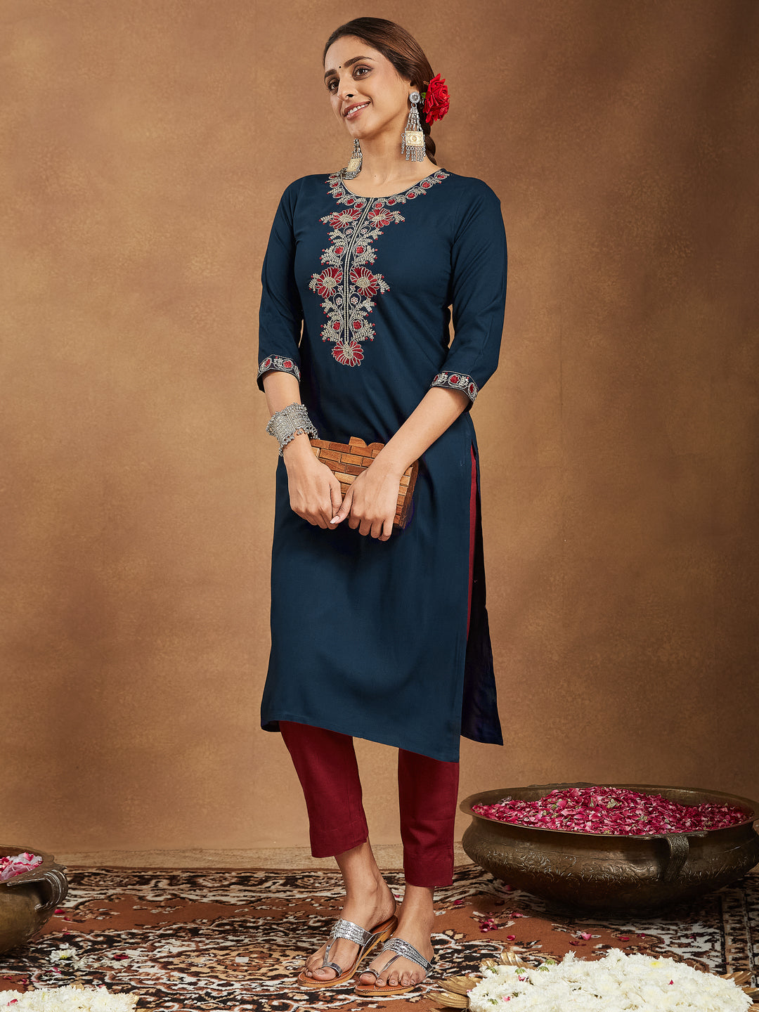 Naari By Shree Women's Navy Blue Rayon Embroidered Straight Kurta