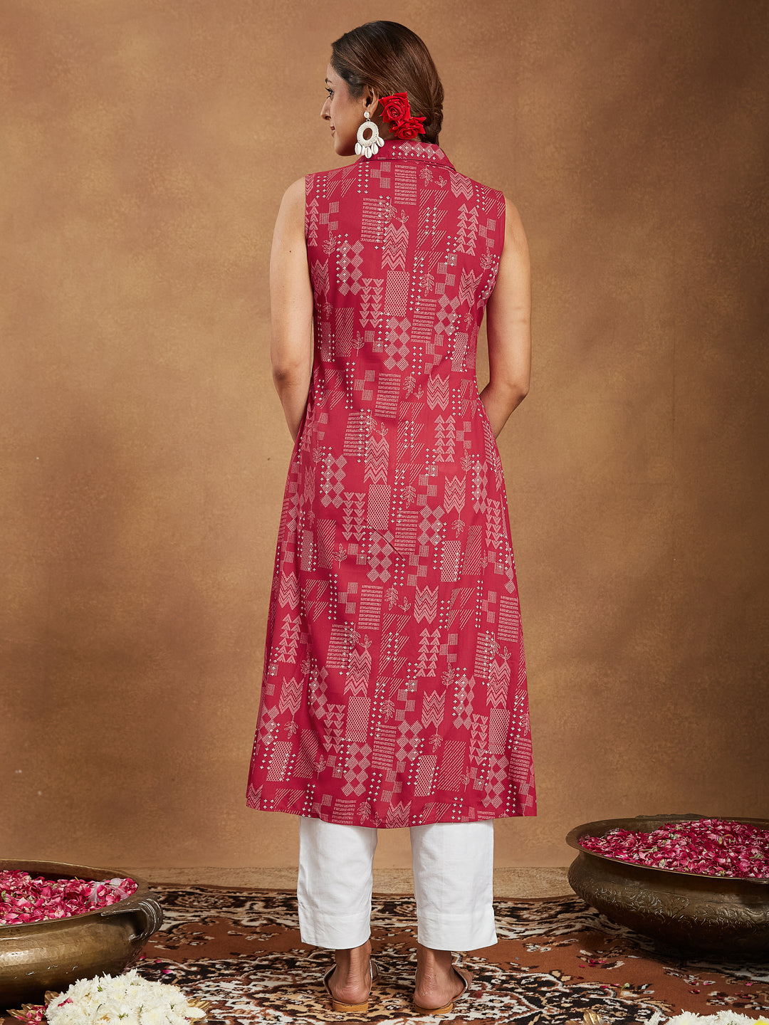 Naari By Shree Women's Red Rayon Geometric Printed A-line Shirt Kurta