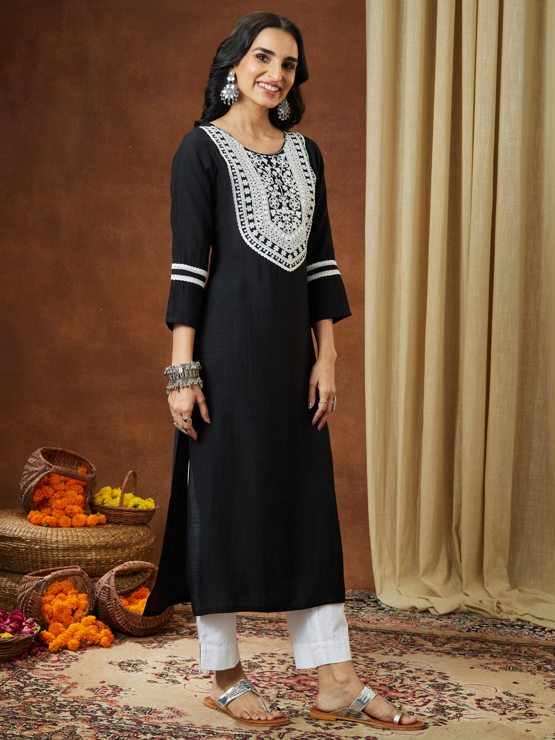 Naari By Shree Women's Black Silk Blend Embroidered Straight Kurta