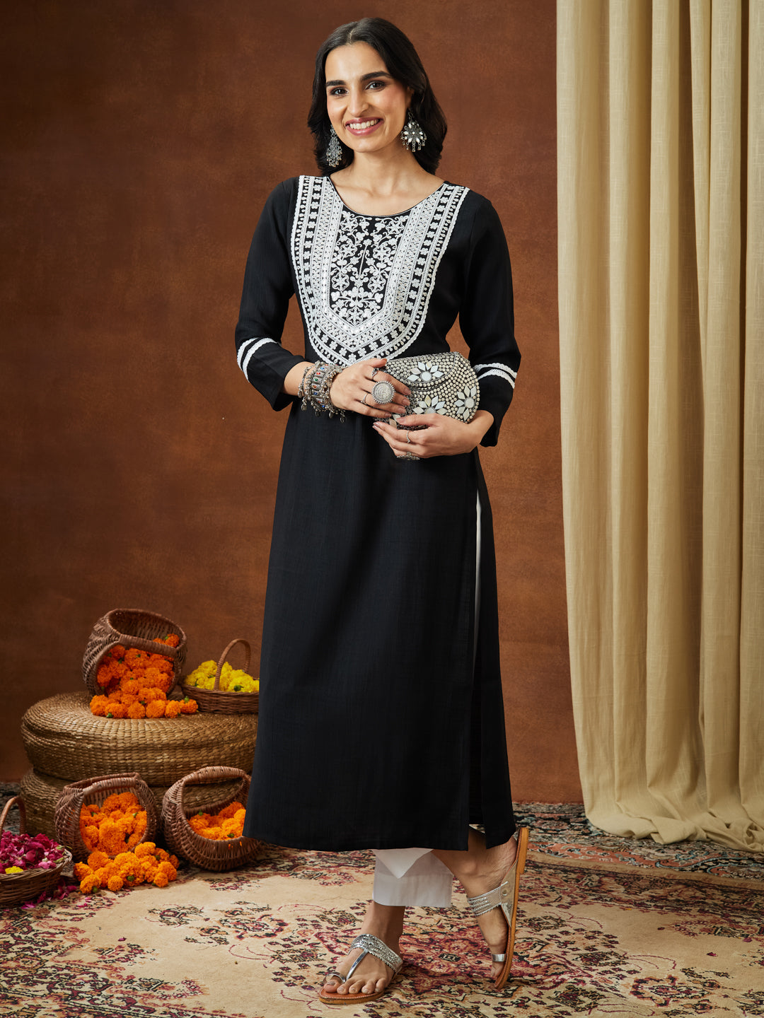 Naari By Shree Women's Black Silk Blend Embroidered Straight Kurta