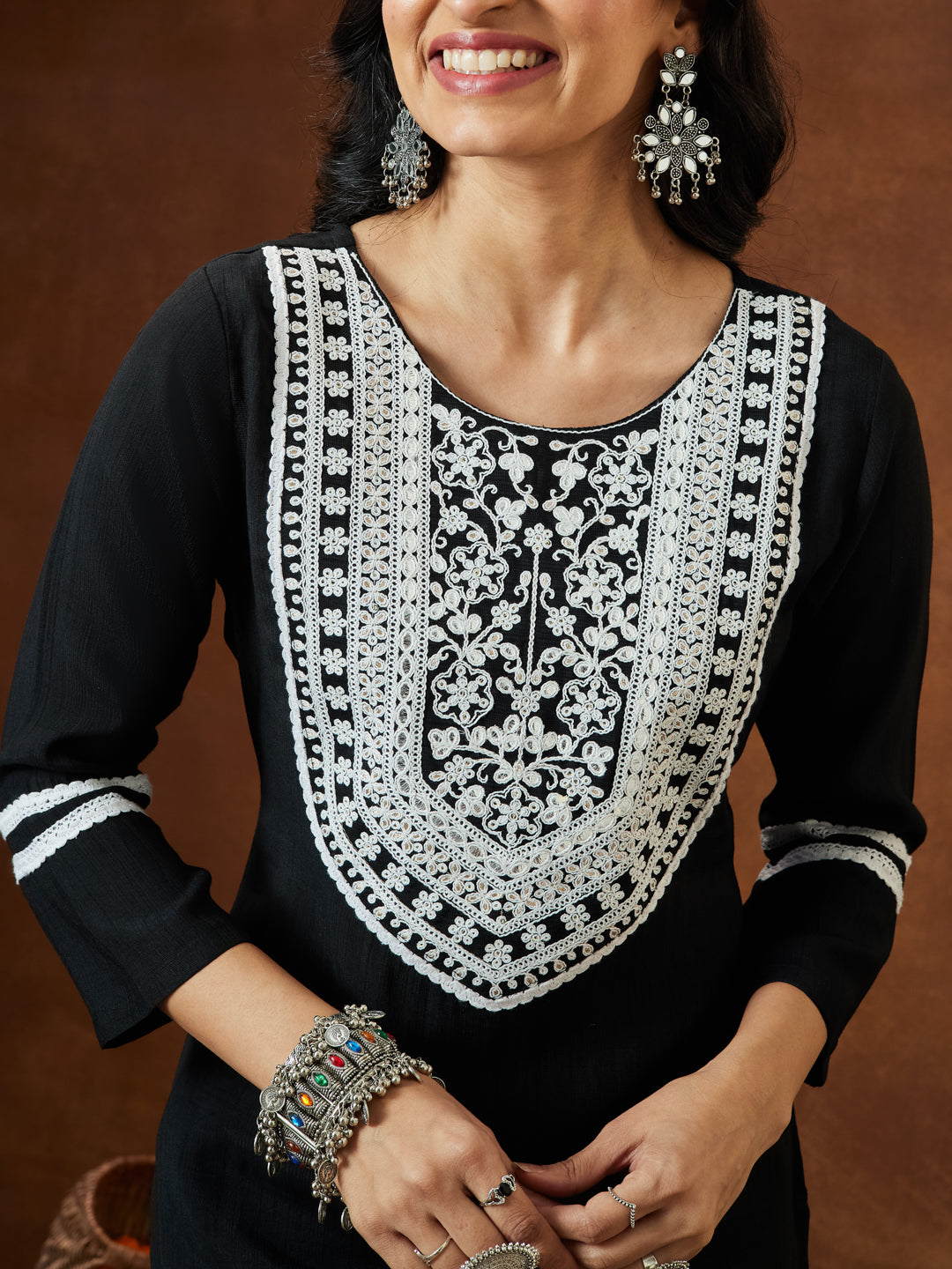 Naari By Shree Women's Black Silk Blend Embroidered Straight Kurta