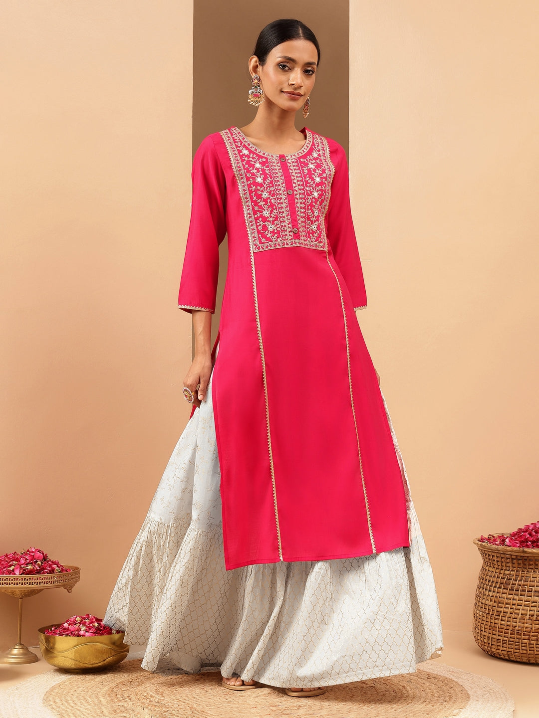 Naari By Shree Women's Pink Chanderi Silk Zari Yoke Embroidered Straight Kurta