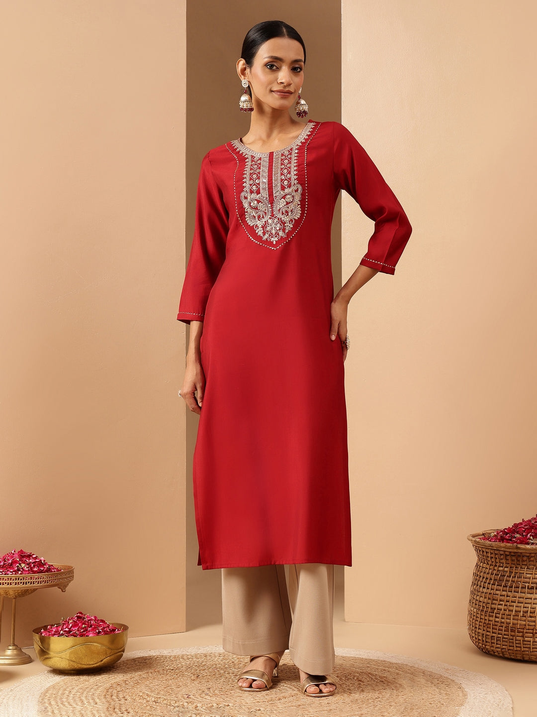 Naari By Shree Women's Maroon Chanderi Silk Yoke Embroidered Straight Kurta.