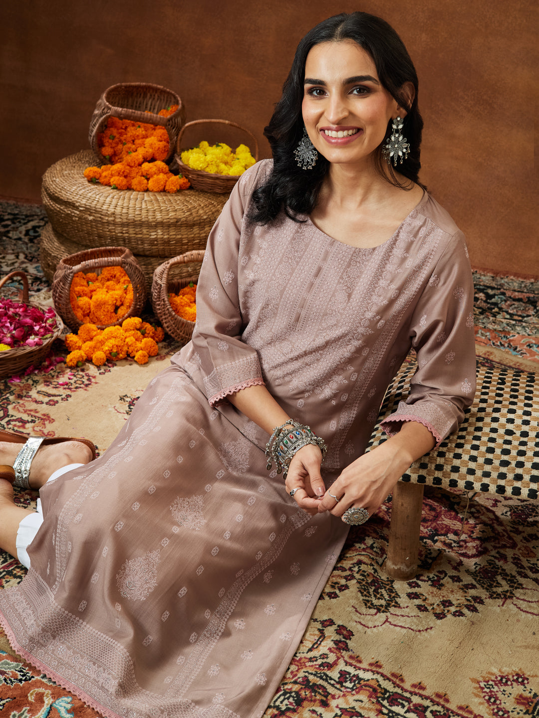 Naari By Shree Women's Brown Silk Blend Ethnic Printed Straight Kurta Set