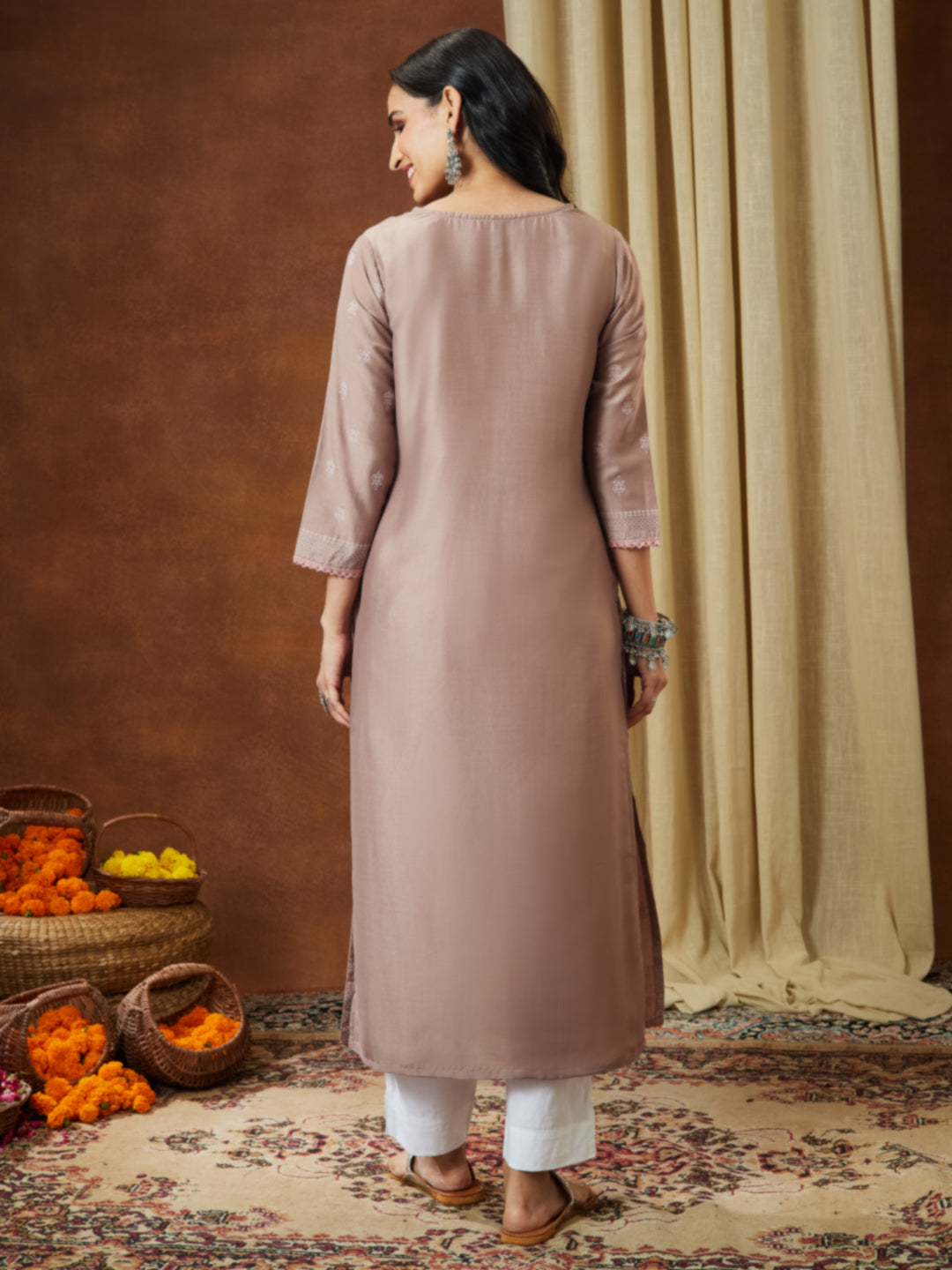 Naari By Shree Women's Brown Silk Blend Ethnic Printed Straight Kurta Set