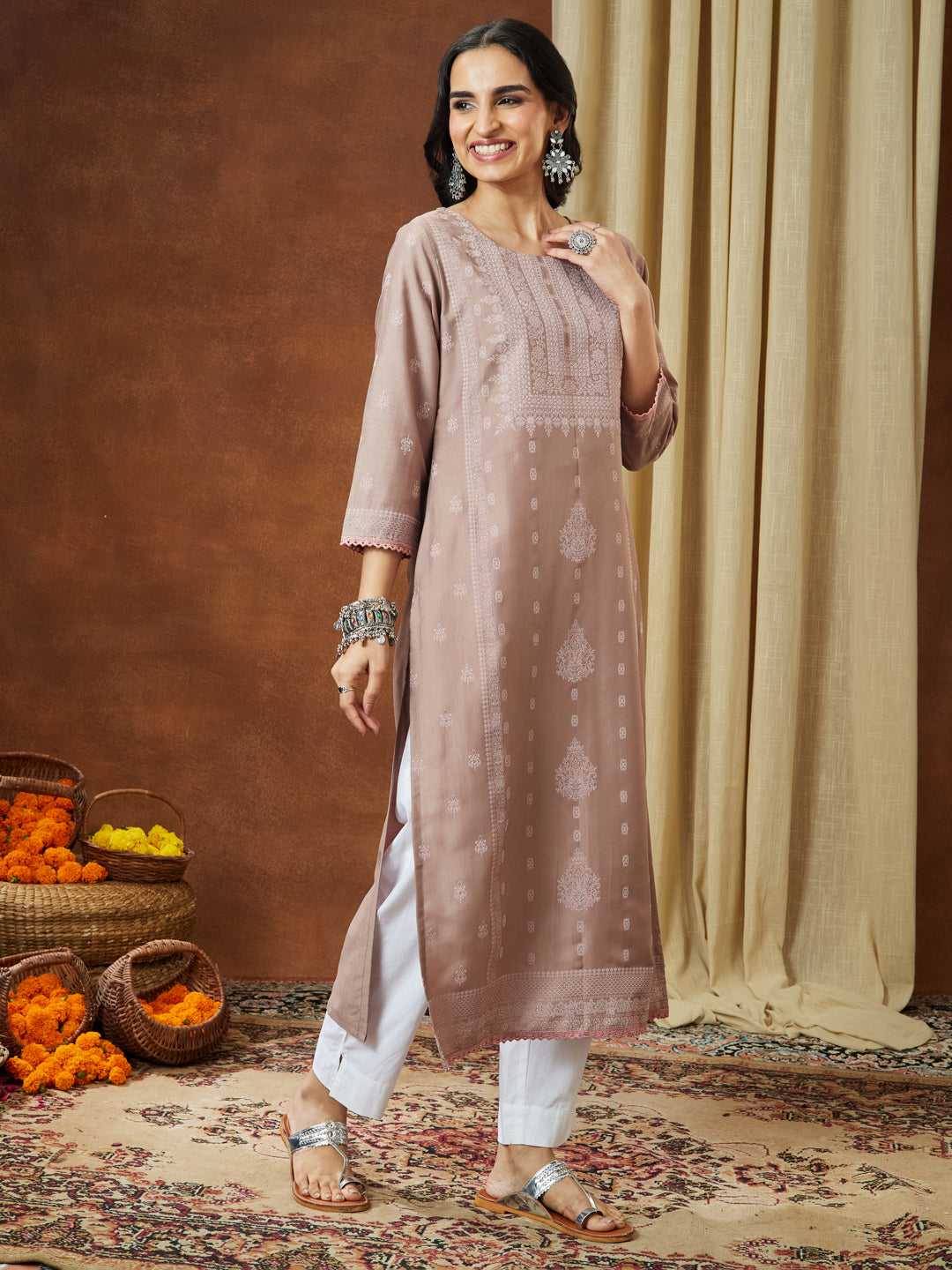 Naari By Shree Women's Brown Silk Blend Ethnic Printed Straight Kurta Set