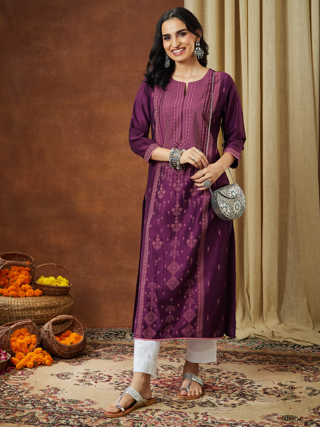 Naari By Shree Women's Wine Silk Blend Ethnic Printed Straight Kurta