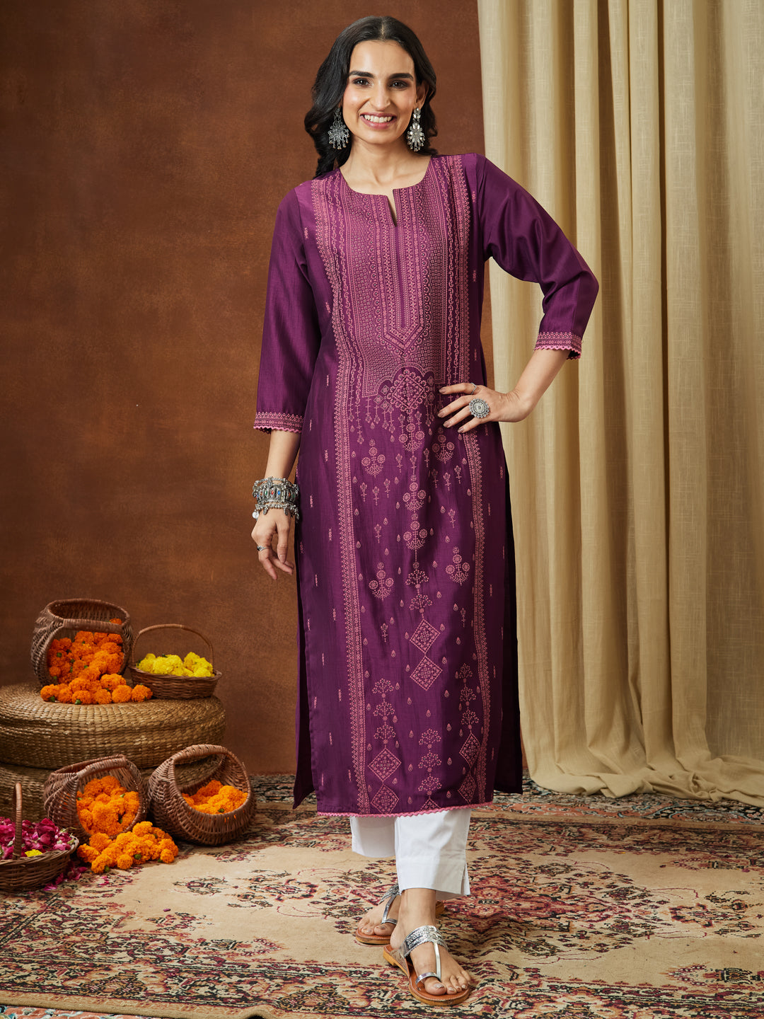 Naari By Shree Women's Wine Silk Blend Ethnic Printed Straight Kurta