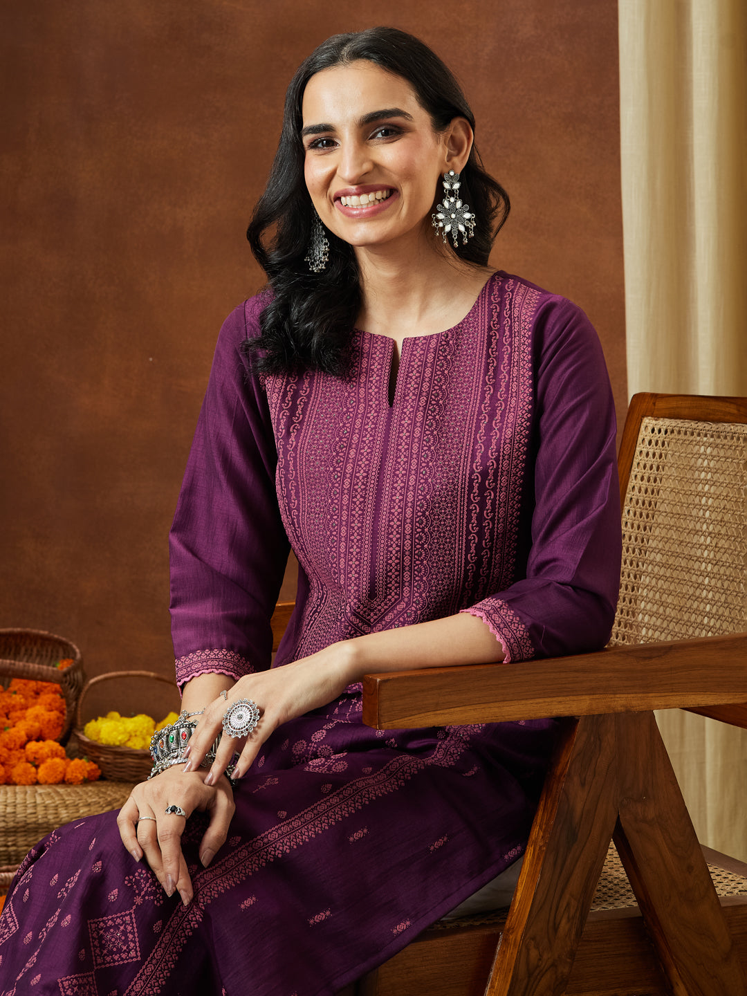 Naari By Shree Women's Wine Silk Blend Ethnic Printed Straight Kurta