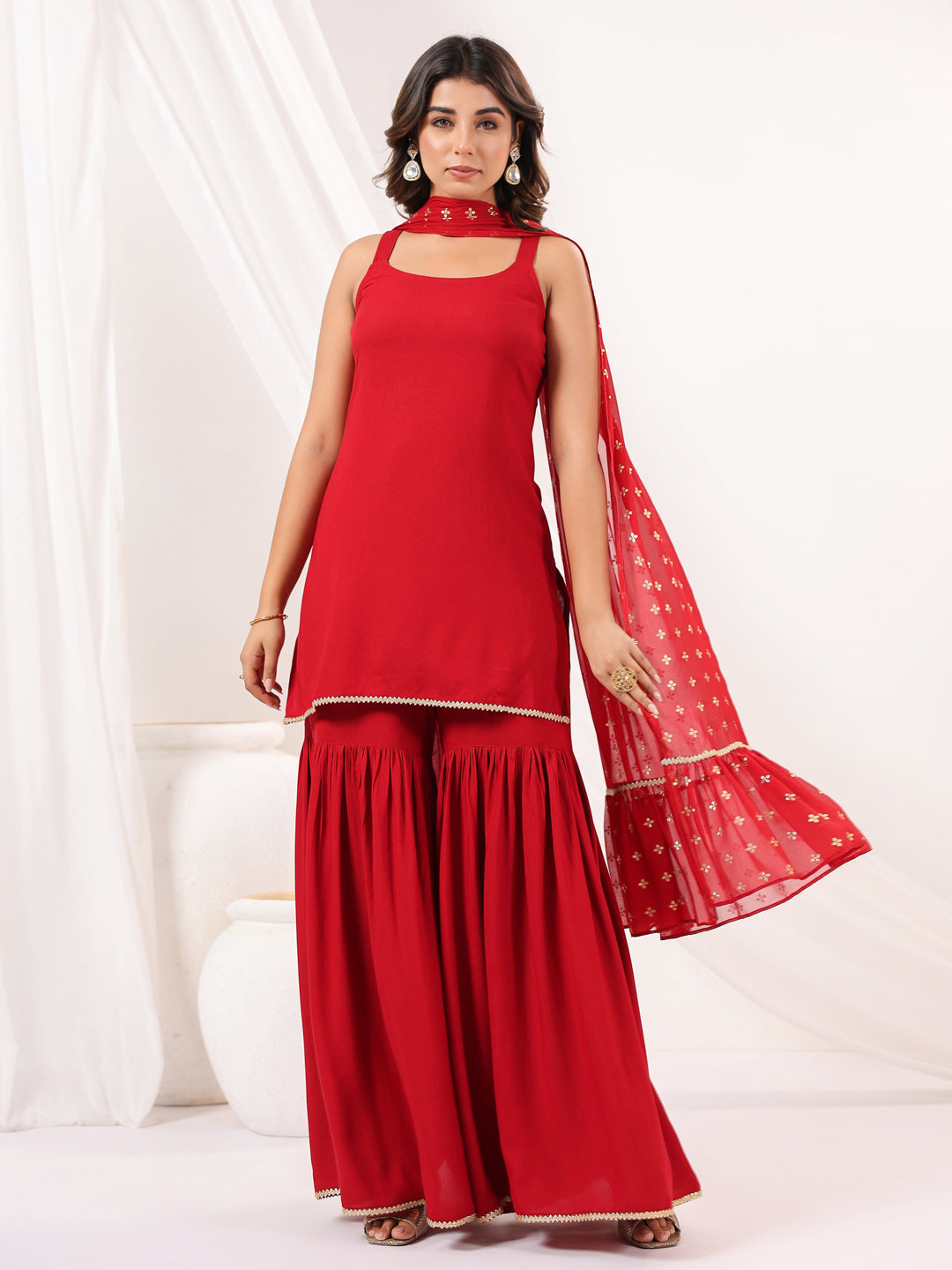 Naari By Shree Women's Red Rayon Embellished Straight Kurti With Sharara & Dupatta Set