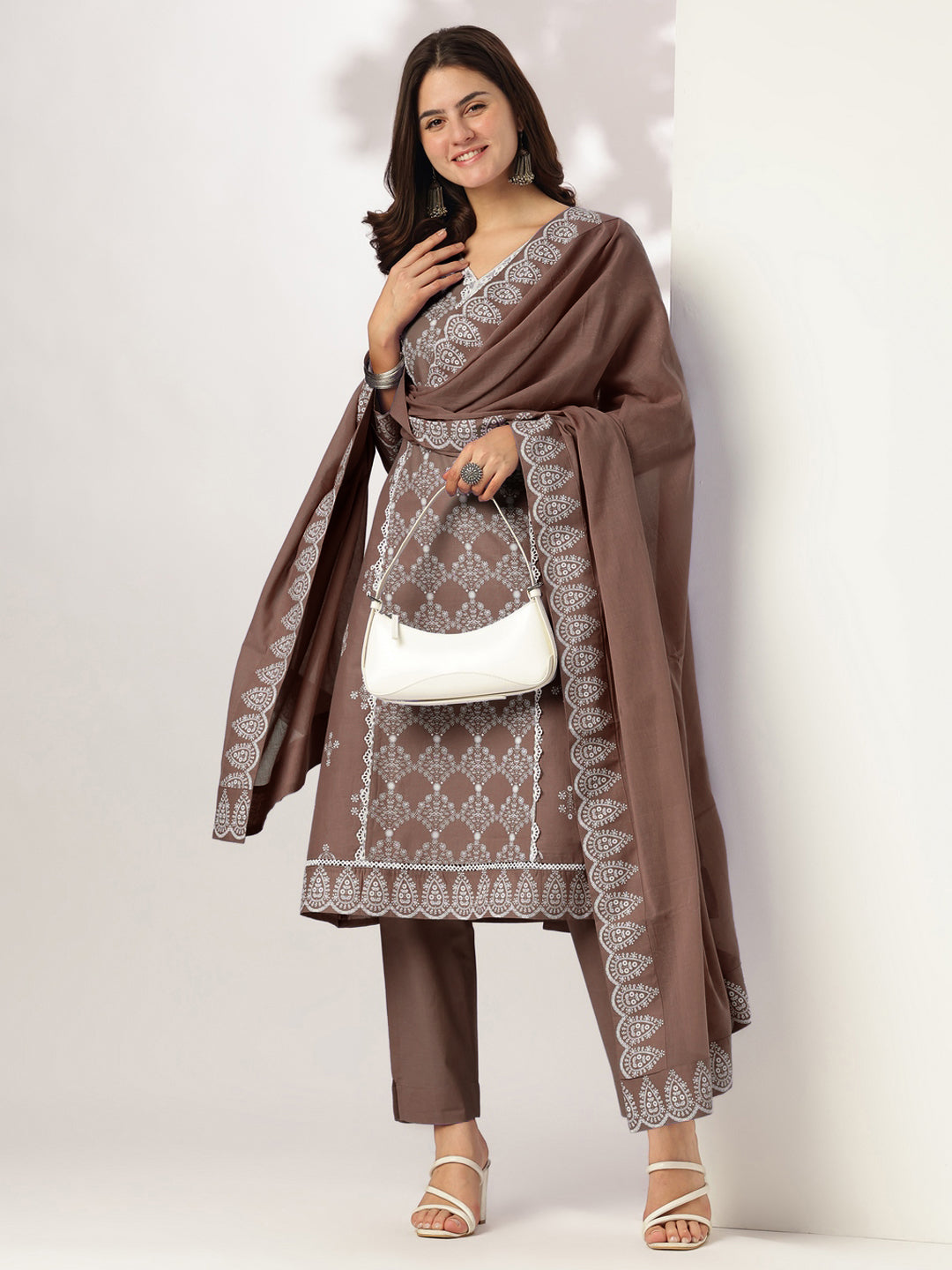 Naari By Shree Women's Brown Pure Cotton Ethnic Motifs Printed A-line Kurta Set