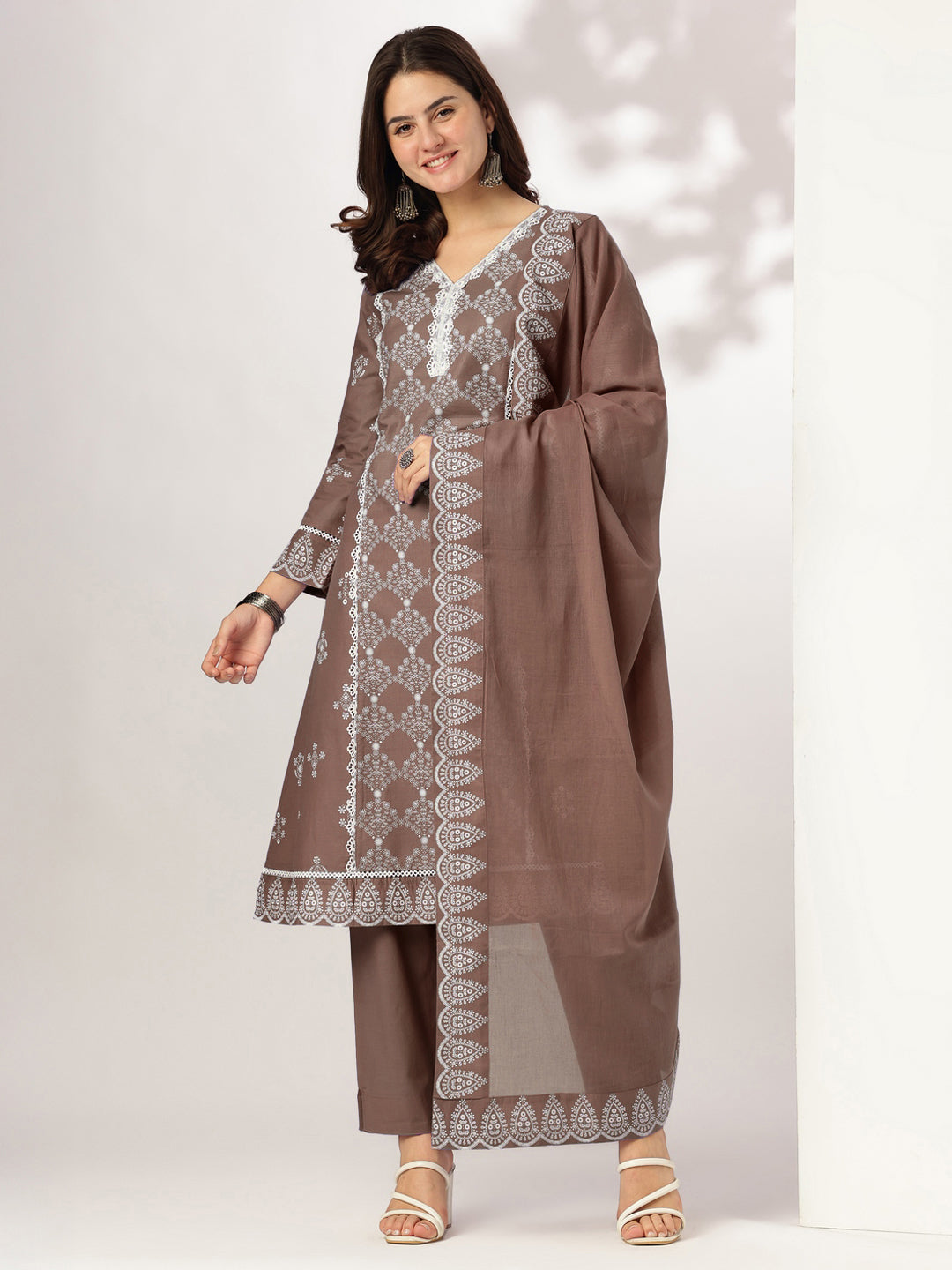 Naari By Shree Women's Brown Pure Cotton Ethnic Motifs Printed A-line Kurta Set