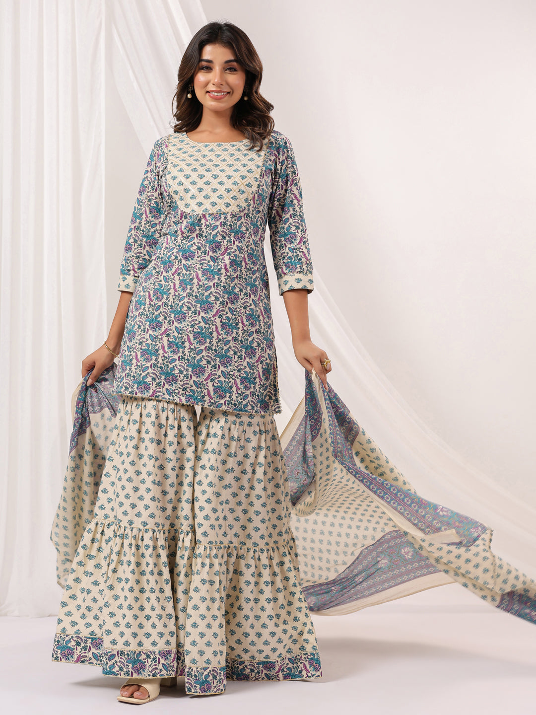 Naari By Shree Women's Cream Pure Cotton Floral Printed Yoke Design Straight Kurta With Sharara & Dupatta Set
