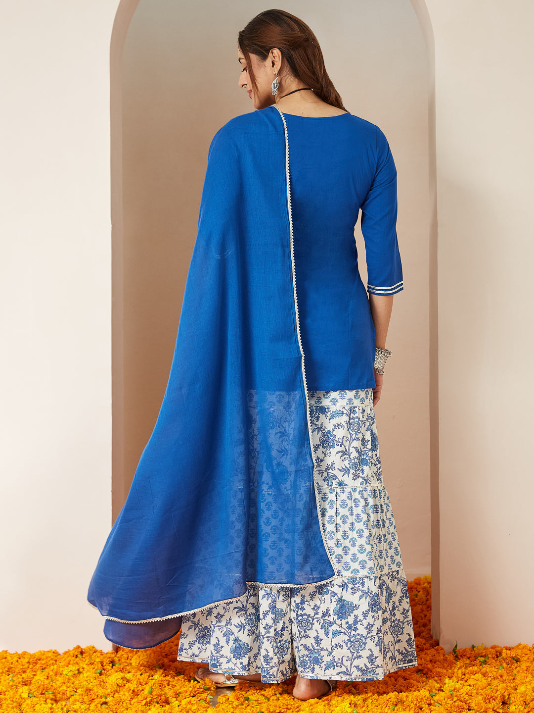Naari By Shree Women's Blue Pure Cotton Yoke Design Straight Kurti With Printed Sharara & Dupatta Set