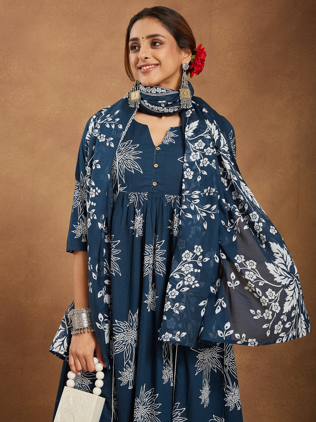 Naari By Shree Women's Teal Blue Pure Cotton Floral Printed A-line Kurta Set