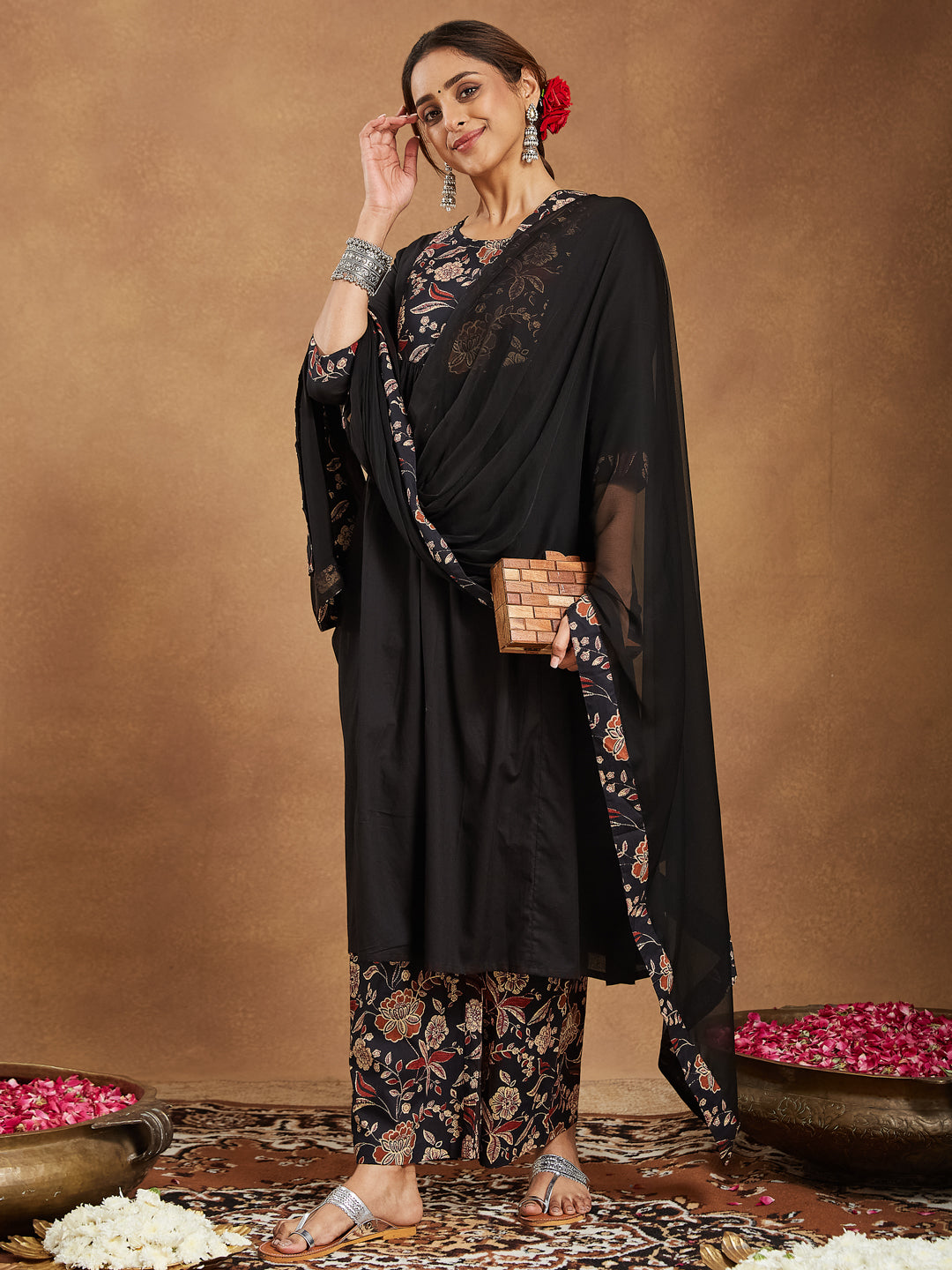 Naari By Shree Women's Black Pure Cotton Floral Printed A-line Kurta With Palazzo & Dupatta Set