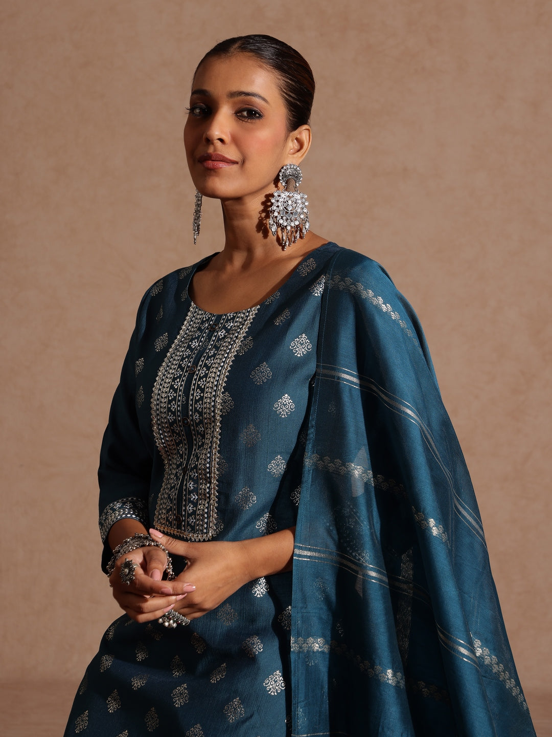 Naari By Shree Women's Teal Blue Silk Blend Embellished Gold Foil Printed Straight Kurta Set