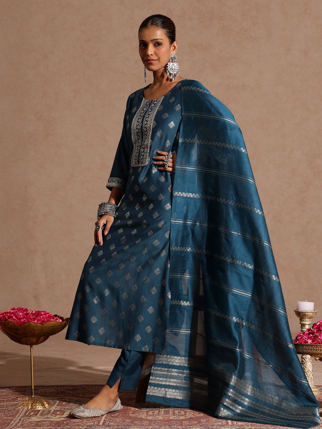 Naari By Shree Women's Teal Blue Silk Blend Embellished Gold Foil Printed Straight Kurta Set