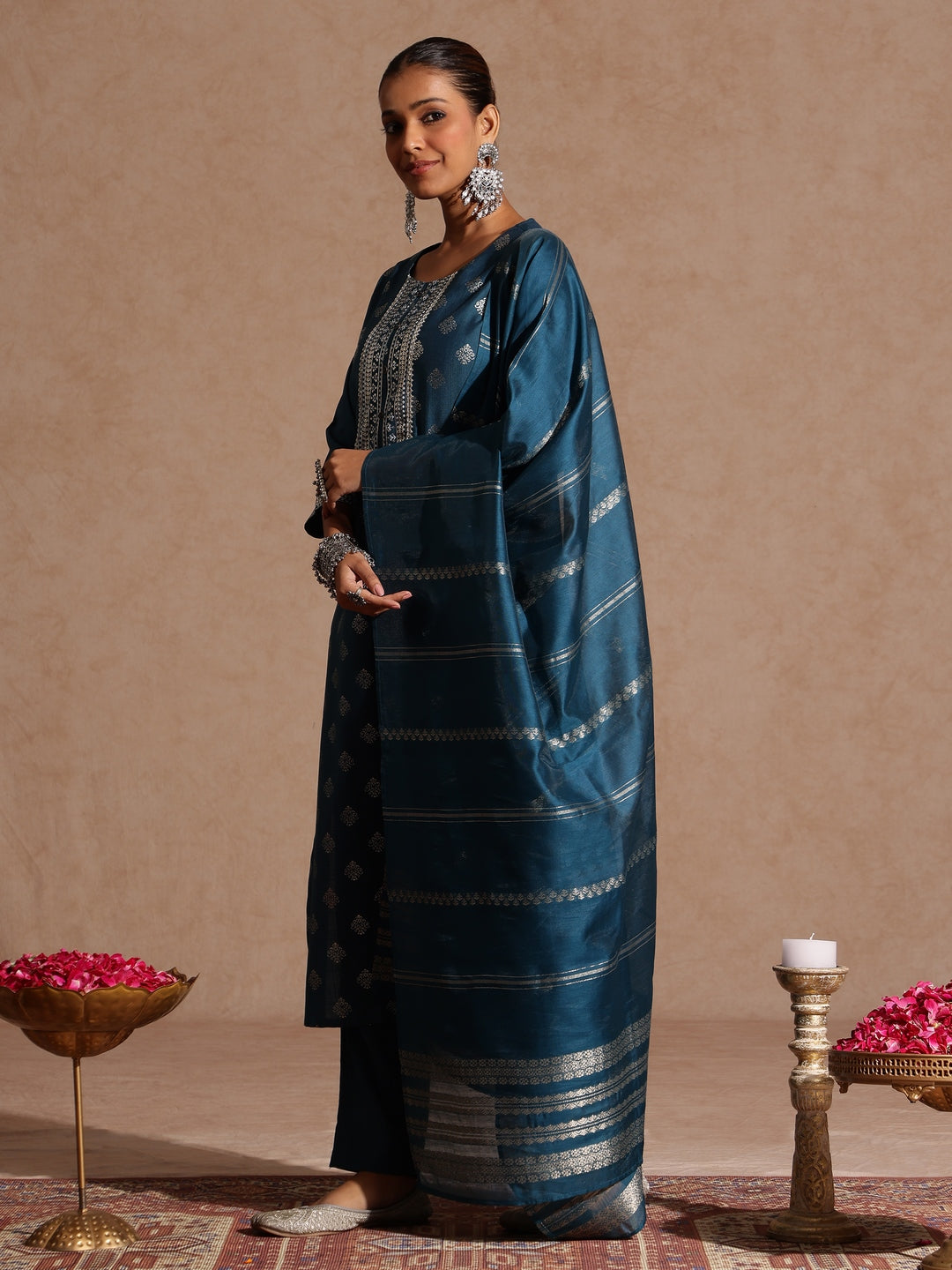 Naari By Shree Women's Teal Blue Silk Blend Embellished Gold Foil Printed Straight Kurta Set