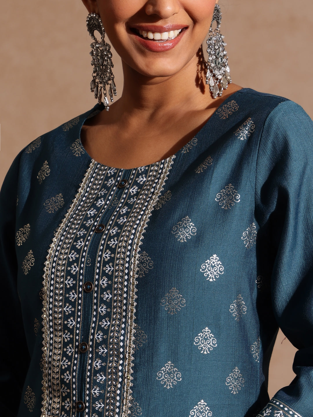 Naari By Shree Women's Teal Blue Silk Blend Embellished Gold Foil Printed Straight Kurta Set