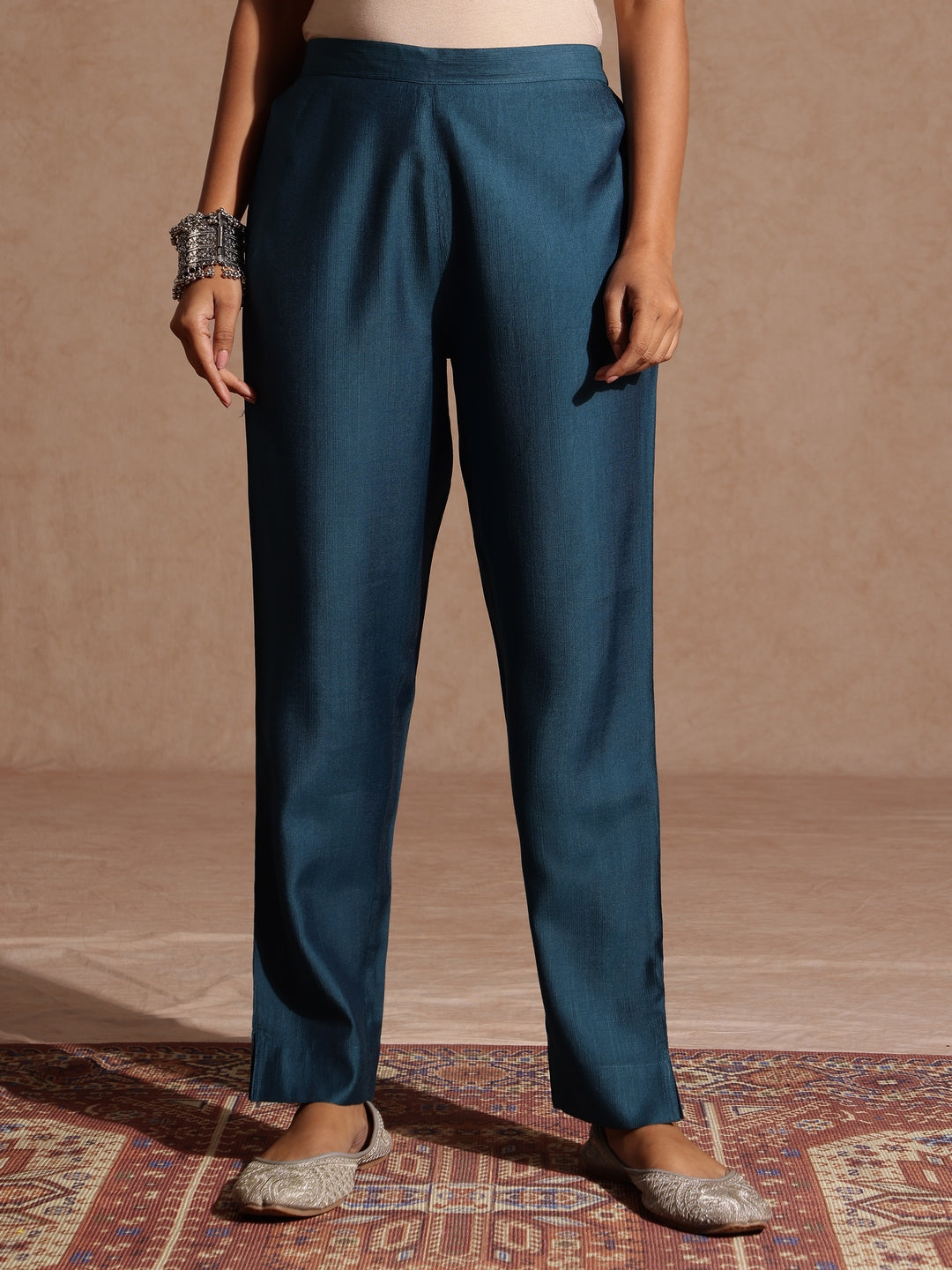 Naari By Shree Women's Teal Blue Silk Blend Embellished Gold Foil Printed Straight Kurta Set