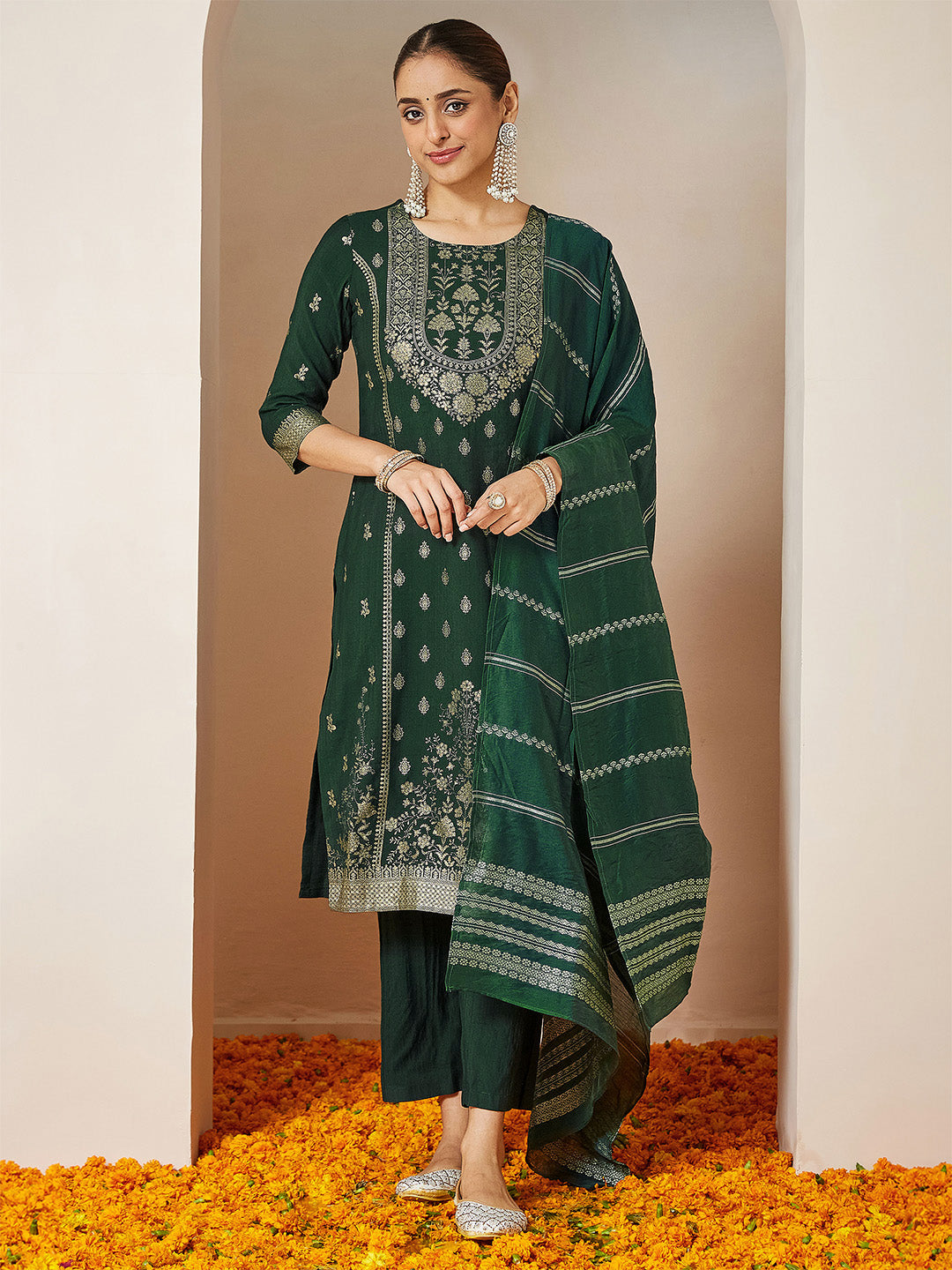 Naari By Shree Women's Bottle Green Silk Blend Foil Printed Straight Kurta Set