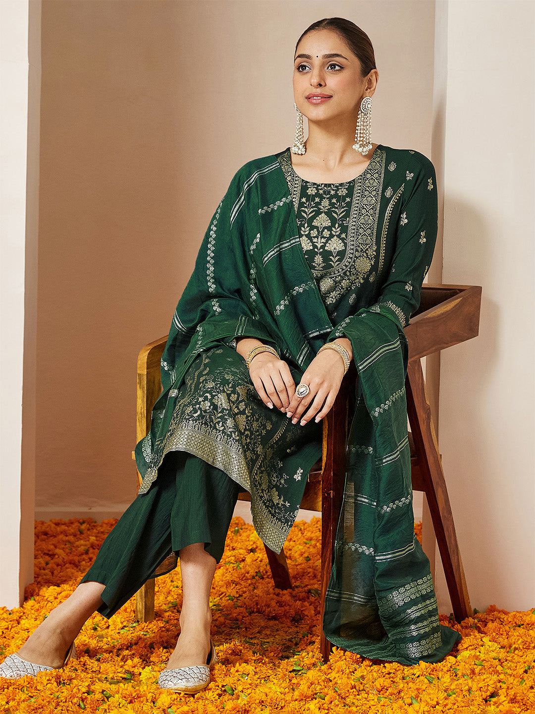Naari By Shree Women's Bottle Green Silk Blend Foil Printed Straight Kurta Set