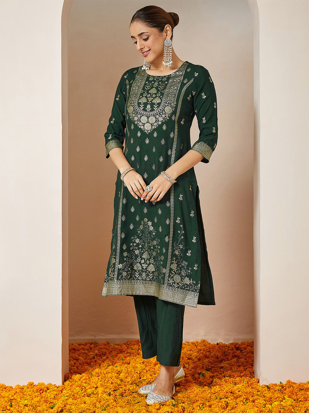 Naari By Shree Women's Bottle Green Silk Blend Foil Printed Straight Kurta Set