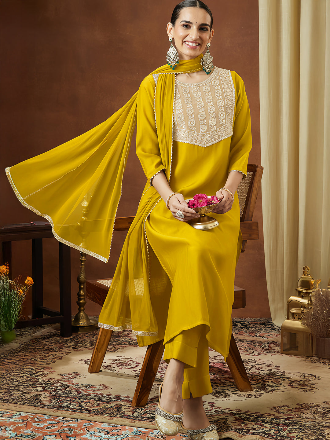 Naari By Shree Women's Mustard Silk Blend Embellished Straight Kurta Set