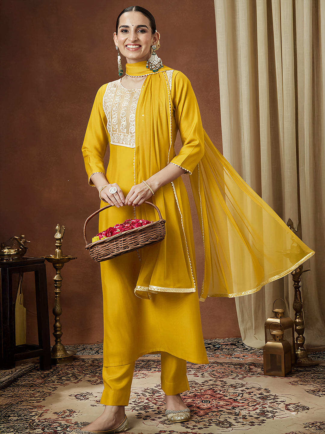 Naari By Shree Women's Mustard Silk Blend Embellished Straight Kurta Set