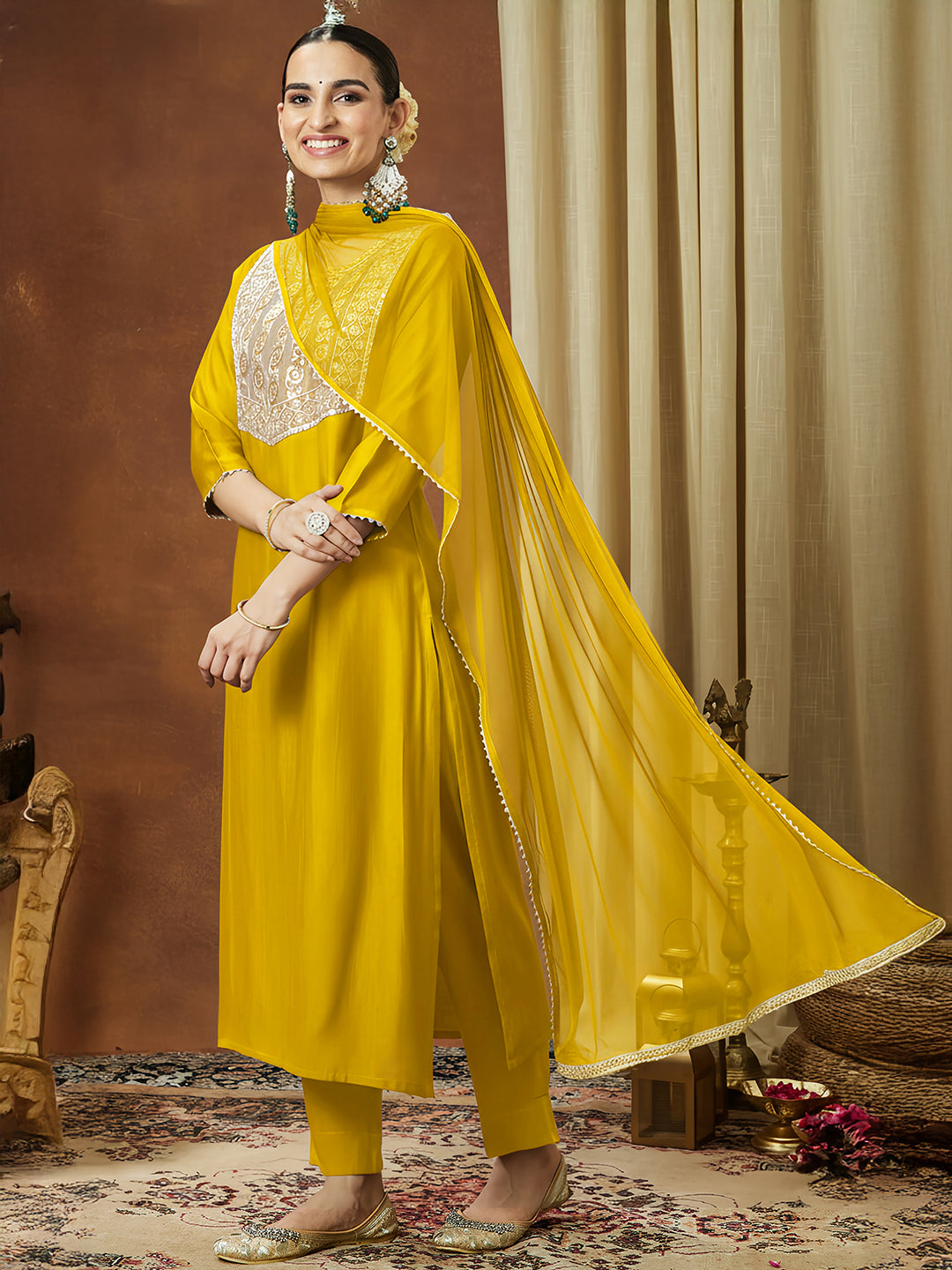Naari By Shree Women's Mustard Silk Blend Embellished Straight Kurta Set