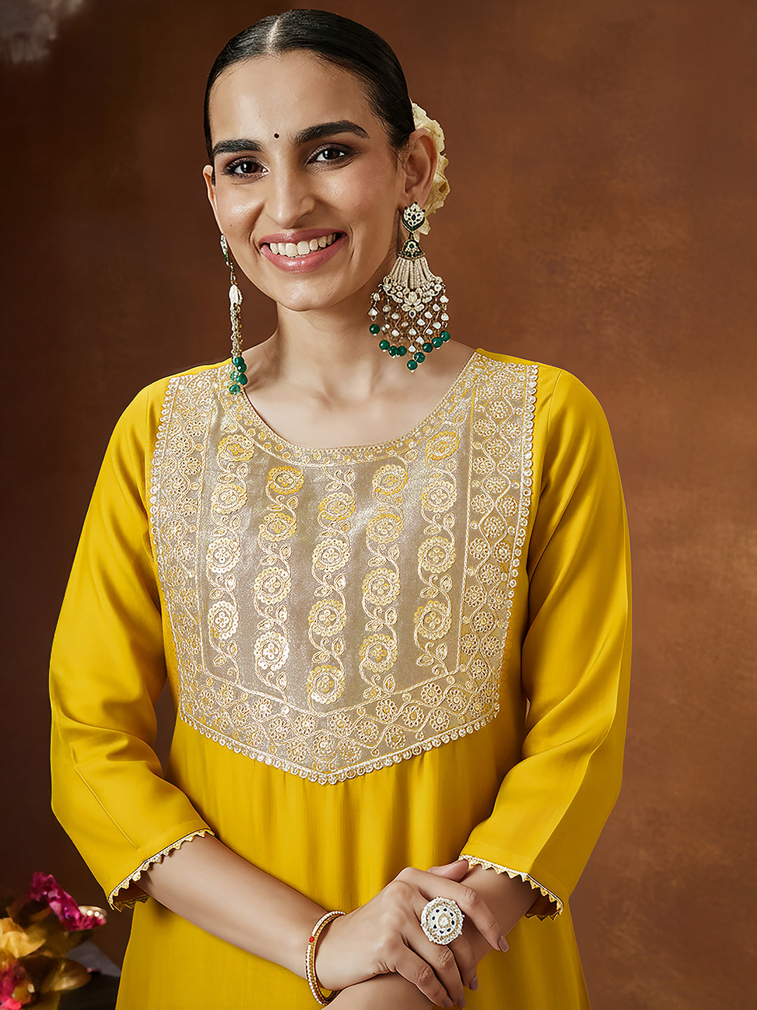 Naari By Shree Women's Mustard Silk Blend Embellished Straight Kurta Set