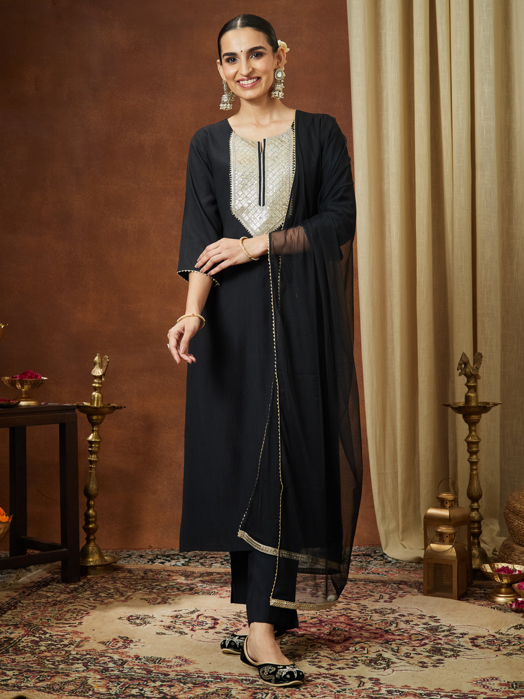 Naari By Shree Women's Black Silk Blend Embellished Yoke Design Straight Kurta Set