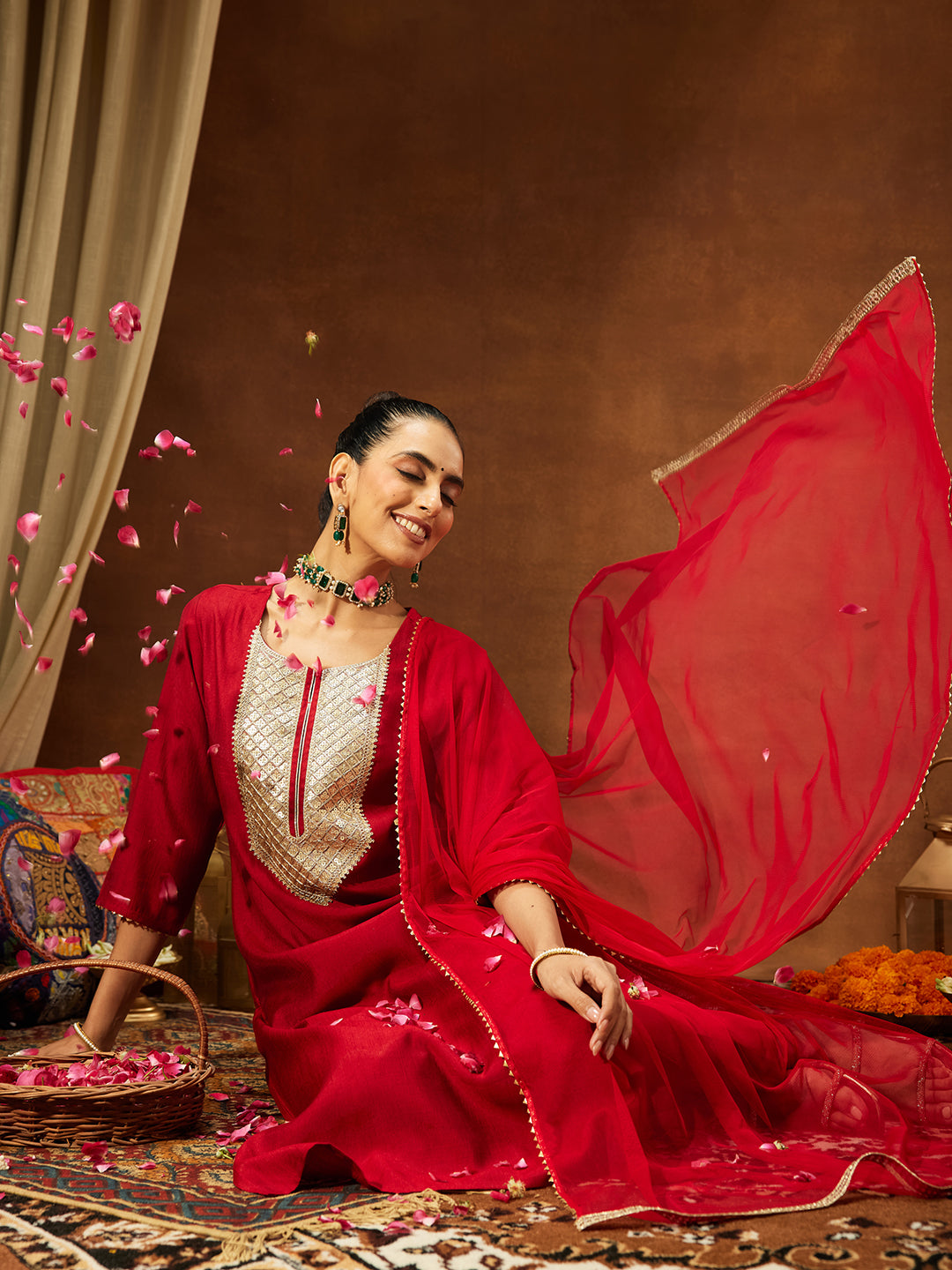 Naari By Shree Women's Maroon Silk Blend Embellished Straight Kurta Set