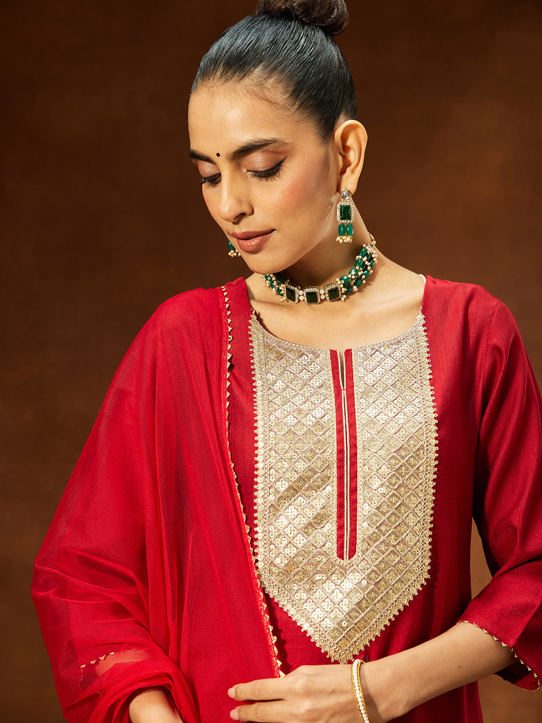 Naari By Shree Women's Maroon Silk Blend Embellished Straight Kurta Set