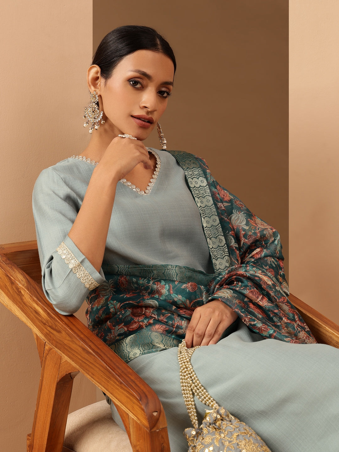 Naari By Shree Women's Powder Blue Silk Blend Embellished Straight Kurta Set With Printed Jacquard Dupatta