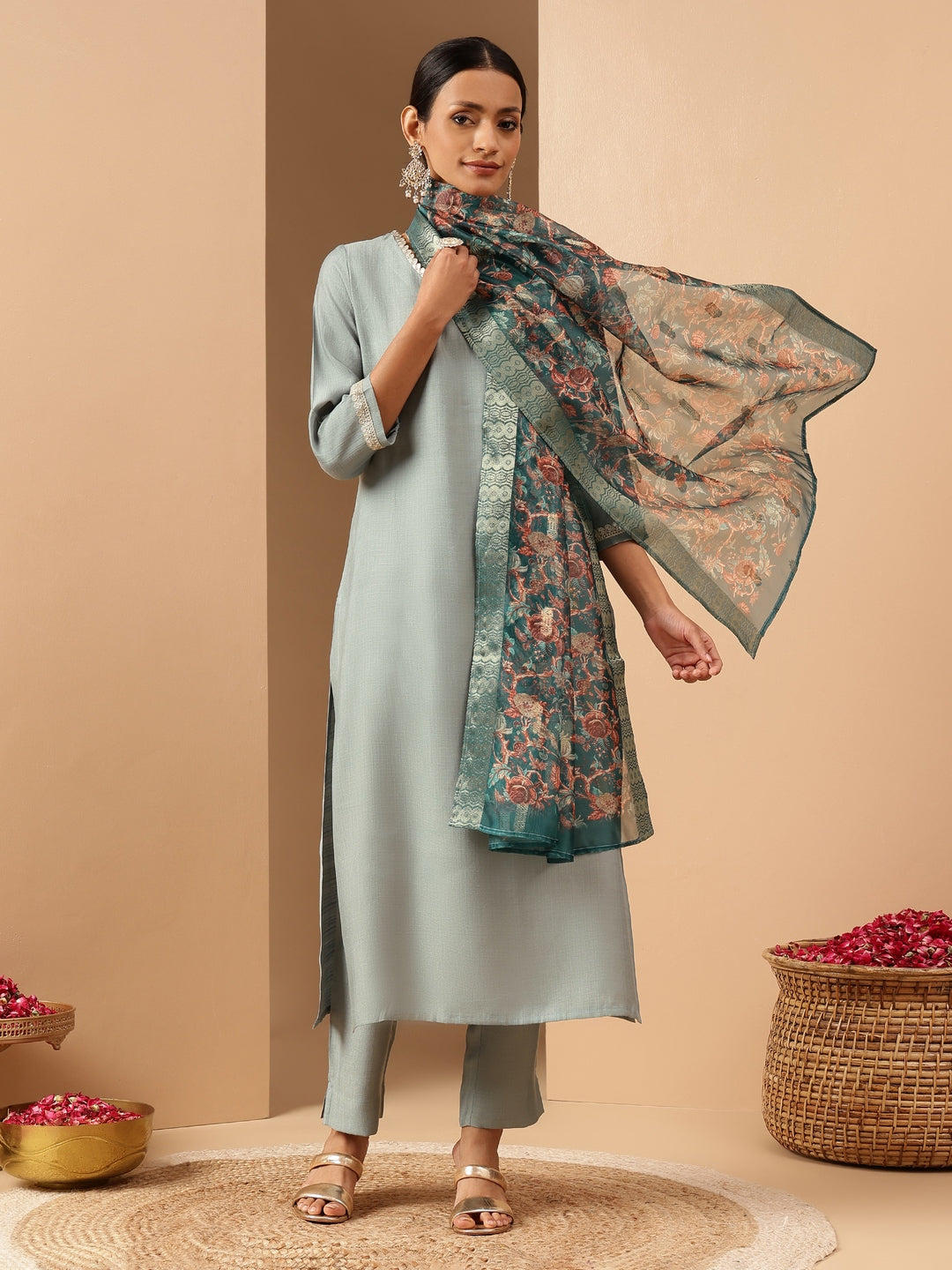 Naari By Shree Women's Powder Blue Silk Blend Embellished Straight Kurta Set With Printed Jacquard Dupatta