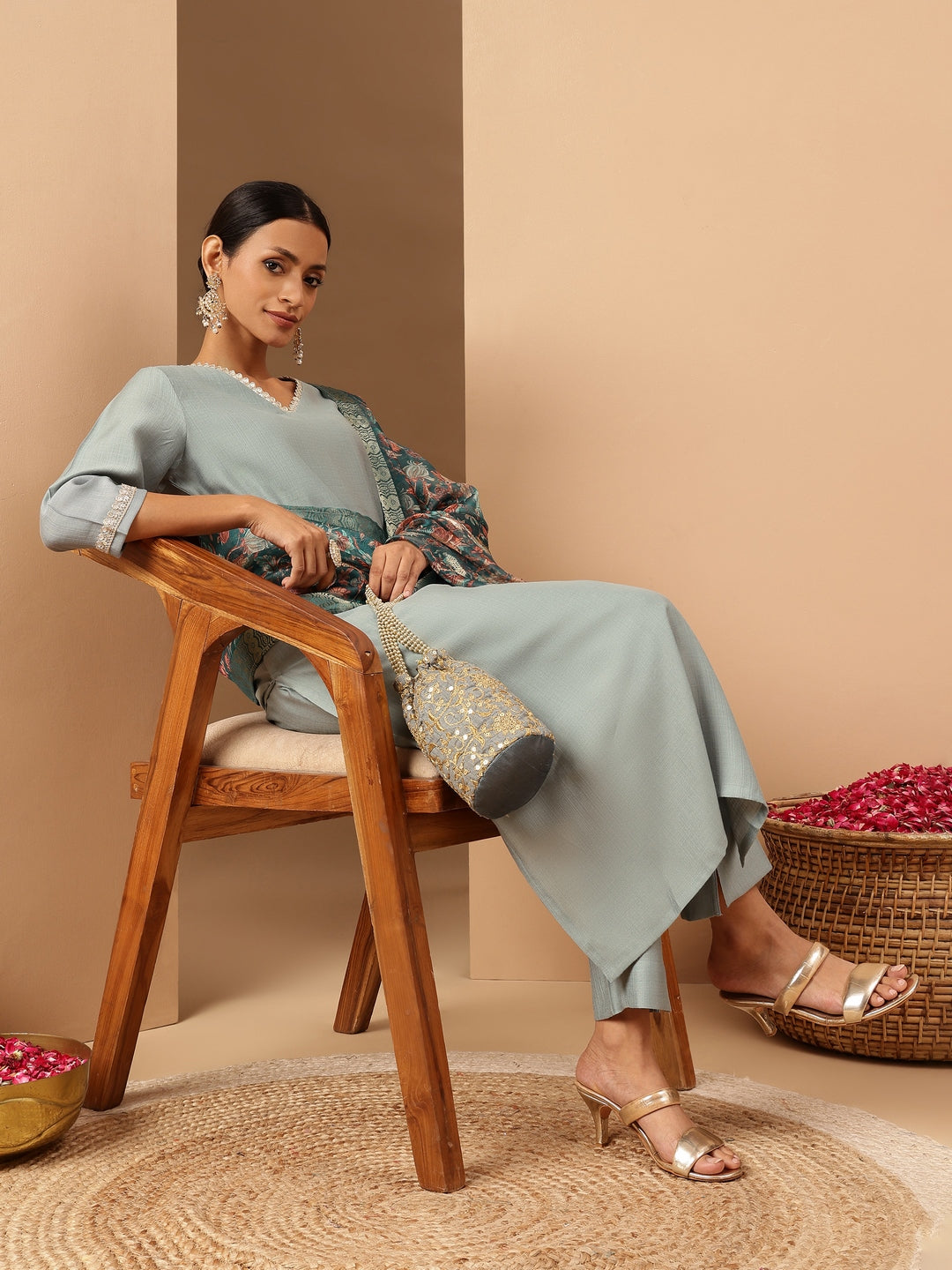 Naari By Shree Women's Powder Blue Silk Blend Embellished Straight Kurta Set With Printed Jacquard Dupatta