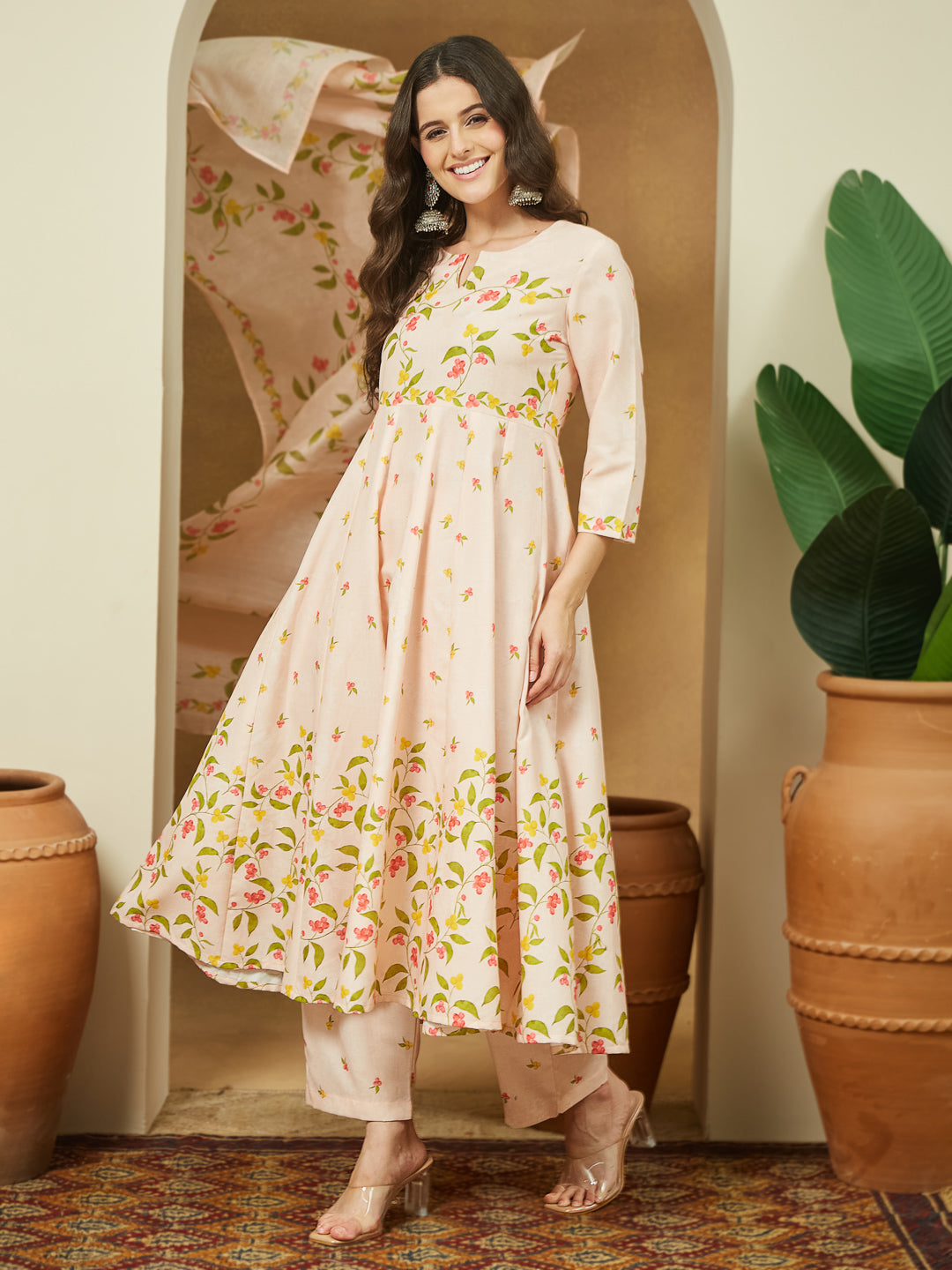 Naari By Shree Women's Peach Cotton Blend Floral Printed Anarkali Kurta Set