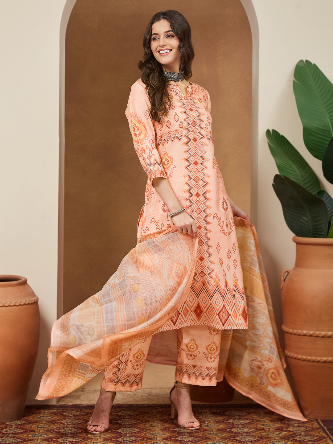Naari By Shree Women's Peach Cotton Blend Geometric Printed Straight Kurta Set