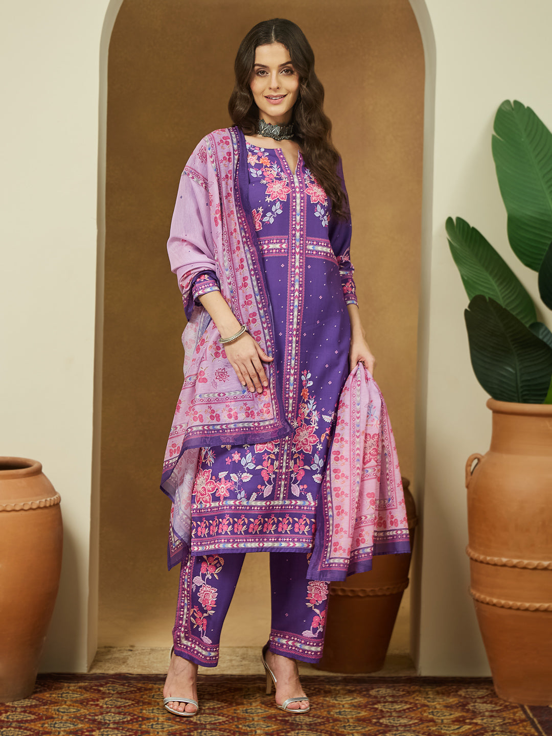 Naari By Shree Women's Purple Cotton Blend Floral Printed Straight Kurta Set