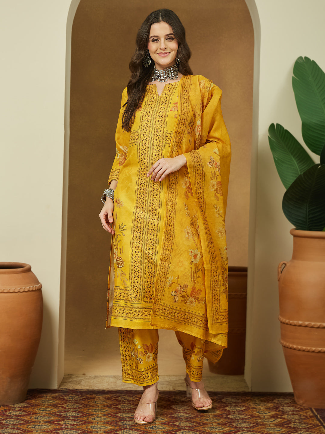 Naari By Shree Women's Yellow Cotton Blend Floral Printed Pakistani Floral Straight Kurta Set